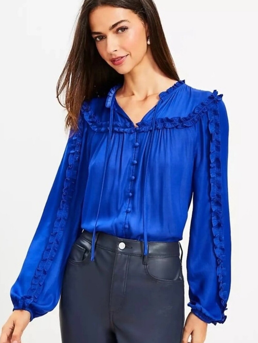 LOFT Royal Blue Ruffle Yoke Keyhole Tie Button-Front Blouse - Size M